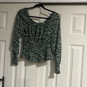 Madewell Georgette Square-Neck Smock-Waist Top in Forest Leaves - S